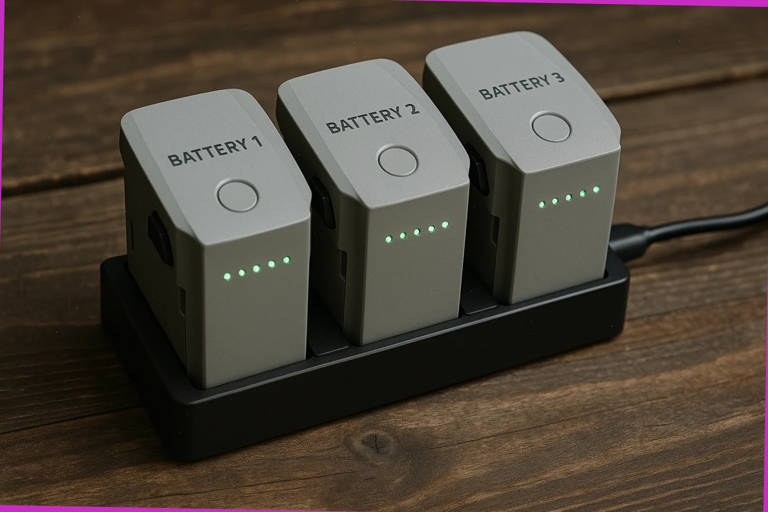Three labelled batteries on a small charging dock