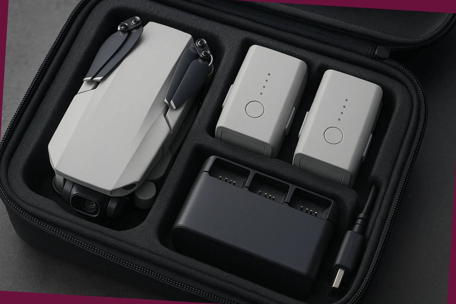 Compact drone in a padded case with two batteries and charger