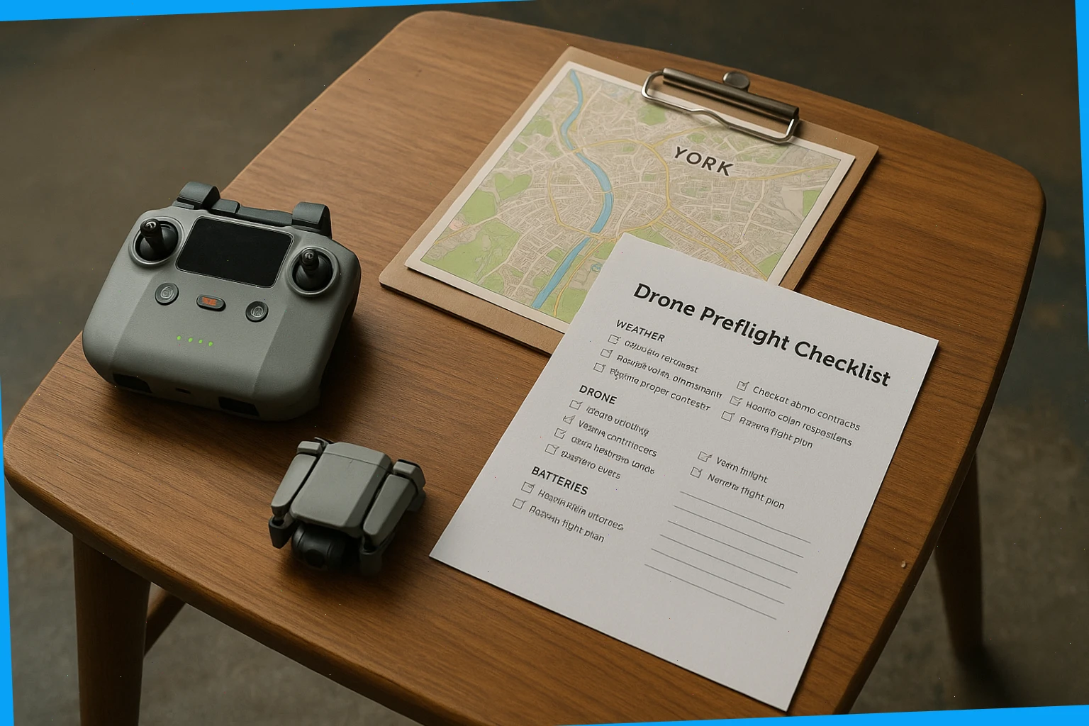Small table with controller, map, and printed preflight checklist