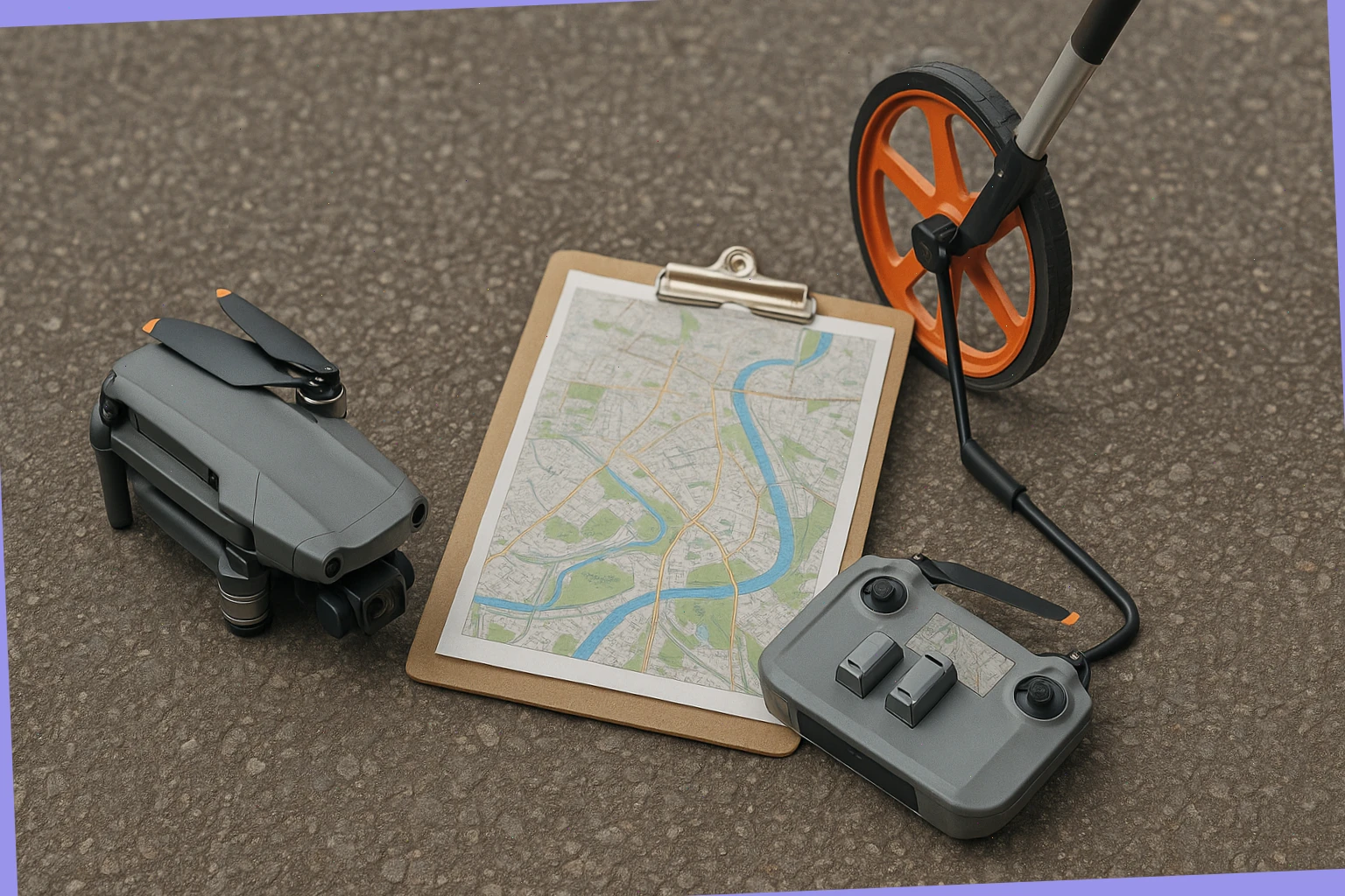 Folded drone beside a clipboard map and measuring wheel