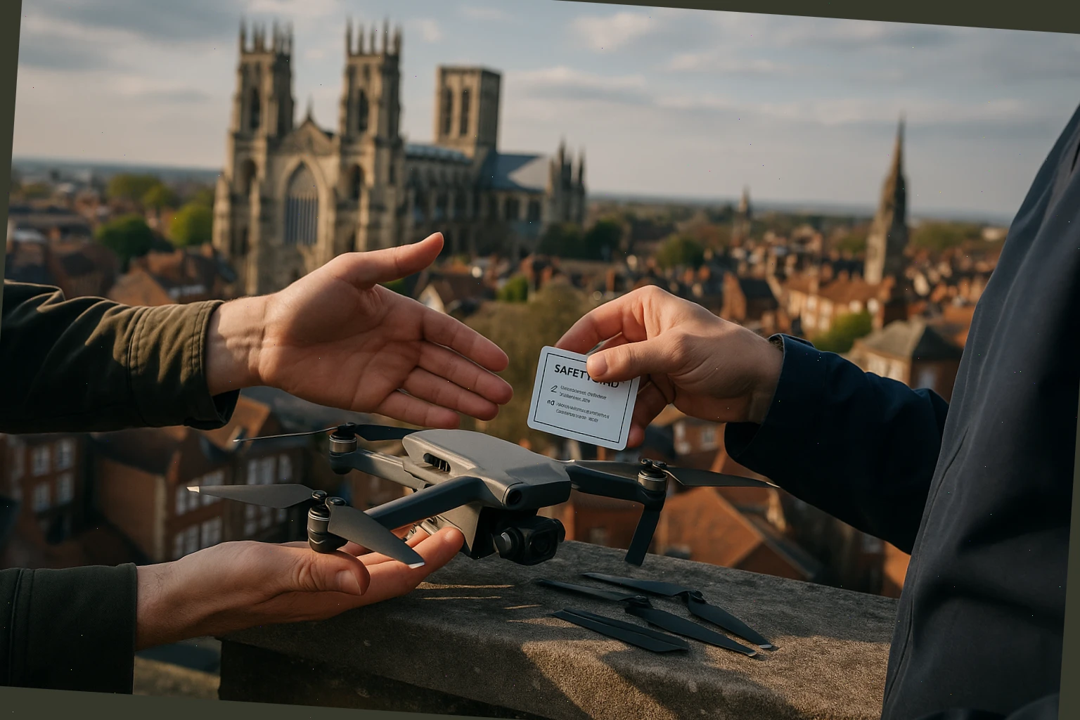 Rooftop handover with a compact drone, spare props, and a quick safety brief overlooking York